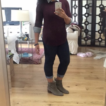 Stitch Fix sweater, J Crew button down, Citizens jeans, and J Crew shearling boots