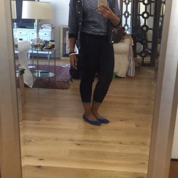 J Crew vest and sweater, NYD jeans, blue suede J Crew ballet flats